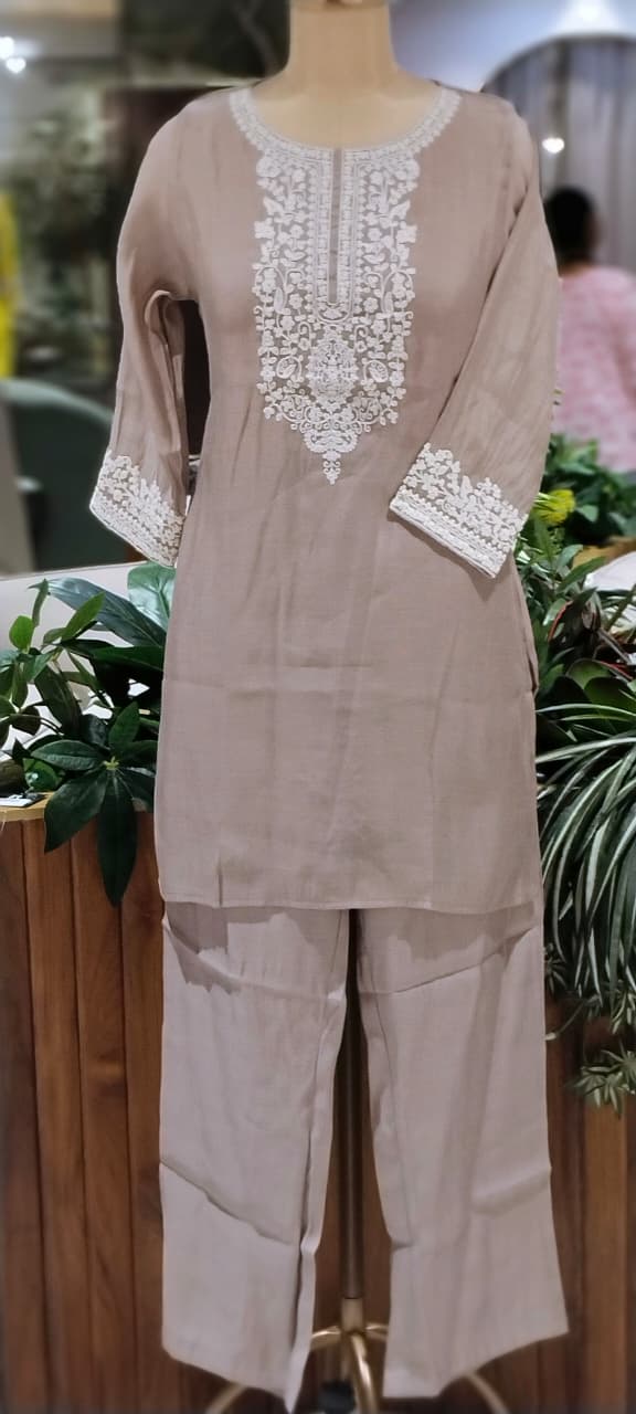Chikankari Inspired Embroidery Soft Tone Surat Mul-Chanderi Co-Ord Set- 13411