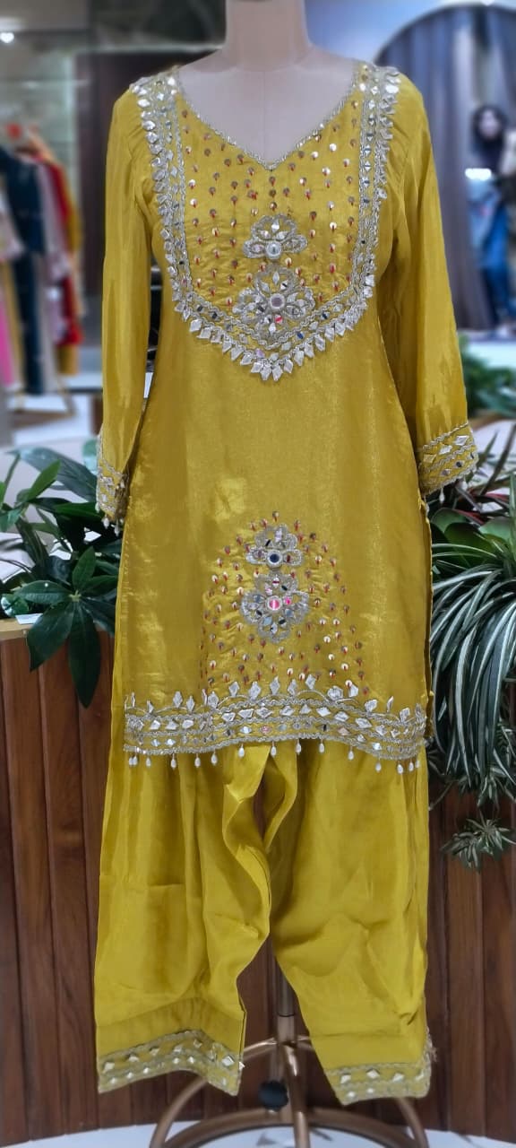 Heavy Foil Sequin Embellishment Short Length Kurta With Farsi Bottom & Seperate Potli In Silk Fabric- 16105