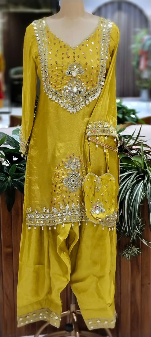 Heavy Foil Sequin Embellishment Short Length Kurta With Farsi Bottom & Seperate Potli In Silk Fabric- 16105