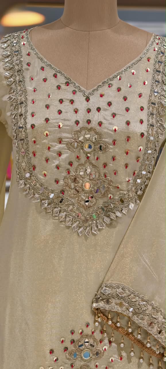 Heavy Foil Sequin Embellishment Short Length Kurta With Farsi Bottom & Seperate Potli In Silk Fabric- 16105