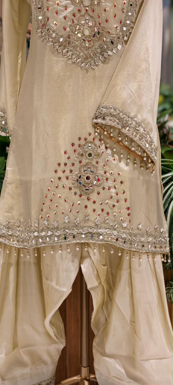 Heavy Foil Sequin Embellishment Short Length Kurta With Farsi Bottom & Seperate Potli In Silk Fabric- 16105