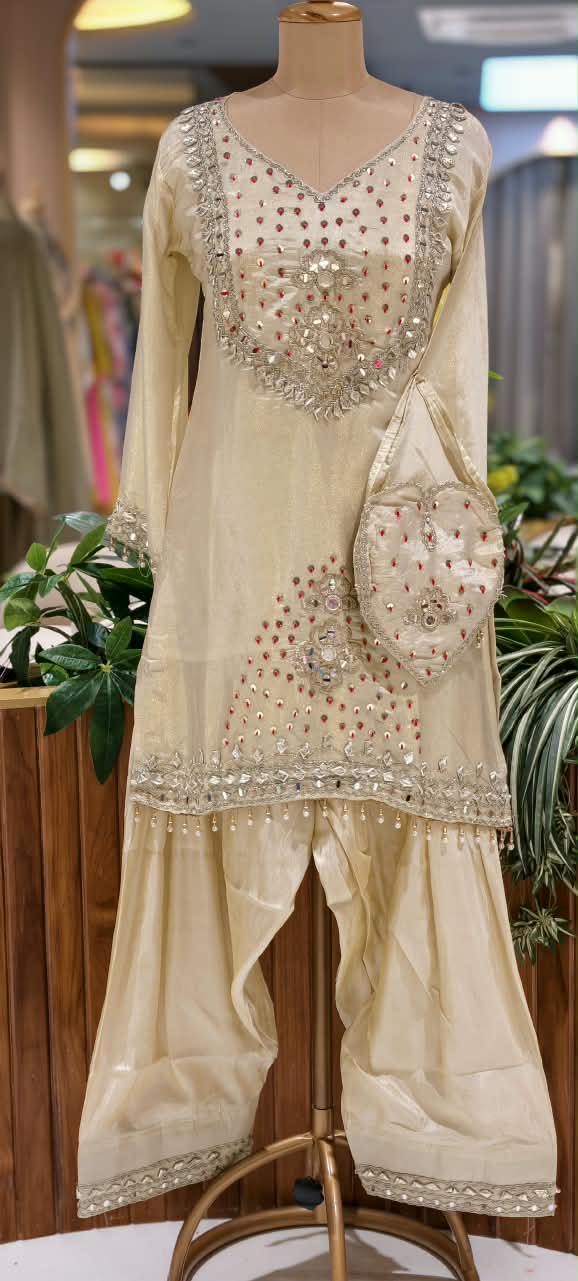 Heavy Foil Sequin Embellishment Short Length Kurta With Farsi Bottom & Seperate Potli In Silk Fabric- 16105