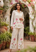 Vibrant Floral Embroidery Highlights Ivory Base Surat Mul-Chanderi Co-Ord Set- 16004