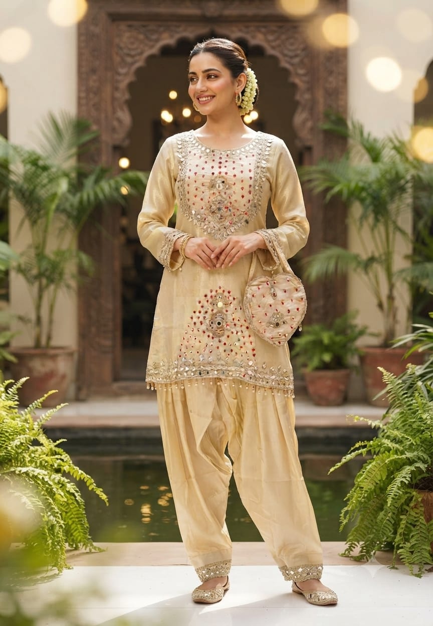 Heavy Foil Sequin Embellishment Short Length Kurta With Farsi Bottom & Seperate Potli In Silk Fabric- 16105