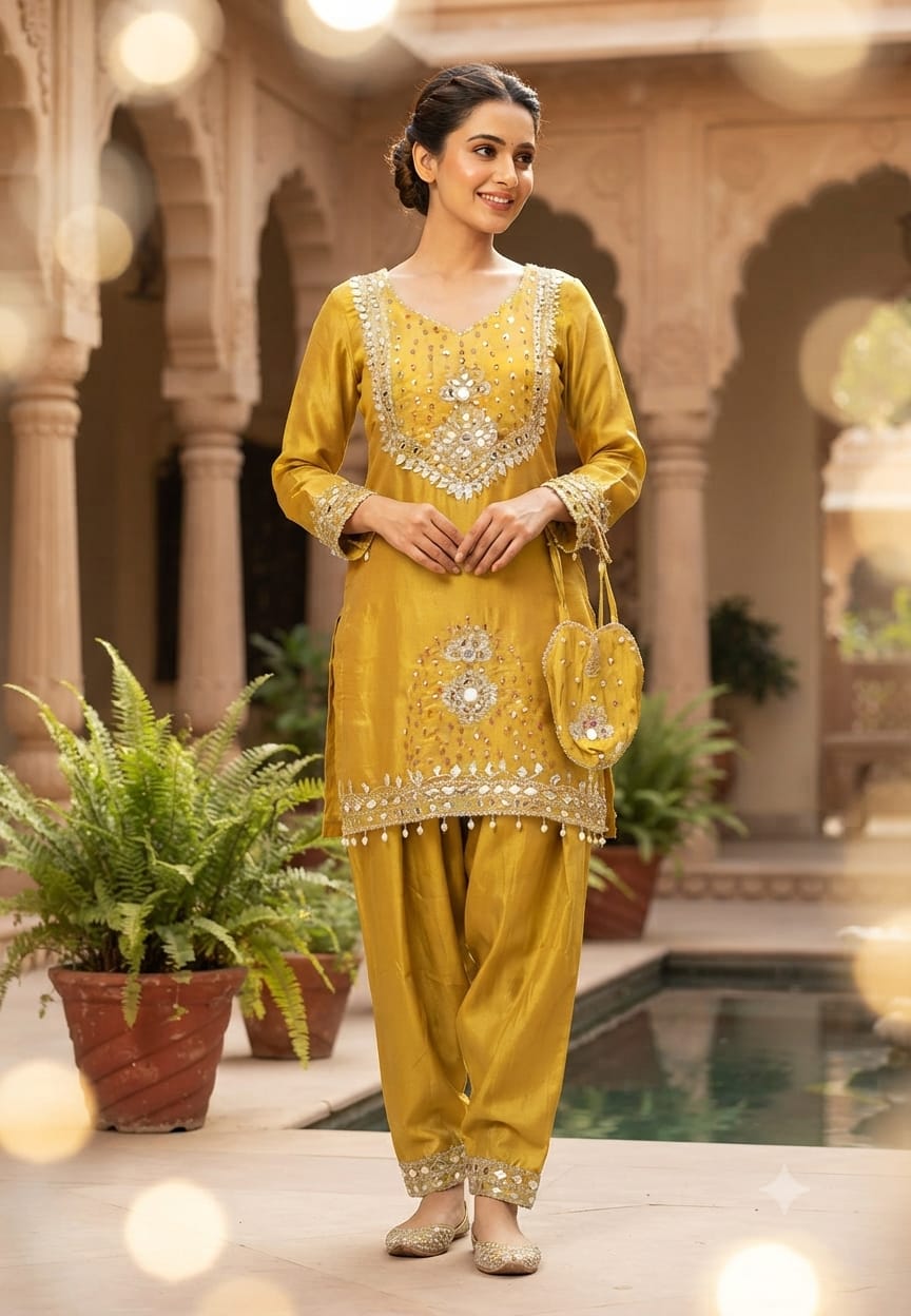 Heavy Foil Sequin Embellishment Short Length Kurta With Farsi Bottom & Seperate Potli In Silk Fabric- 16105