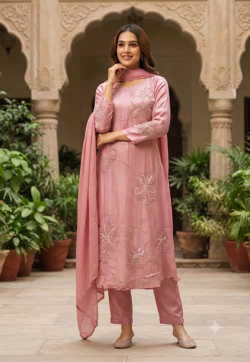 Pastel Fine Floral Cut-Dana Strings Embroidered Chinon A-Line Full Suit Set With Dupatta- 15954
