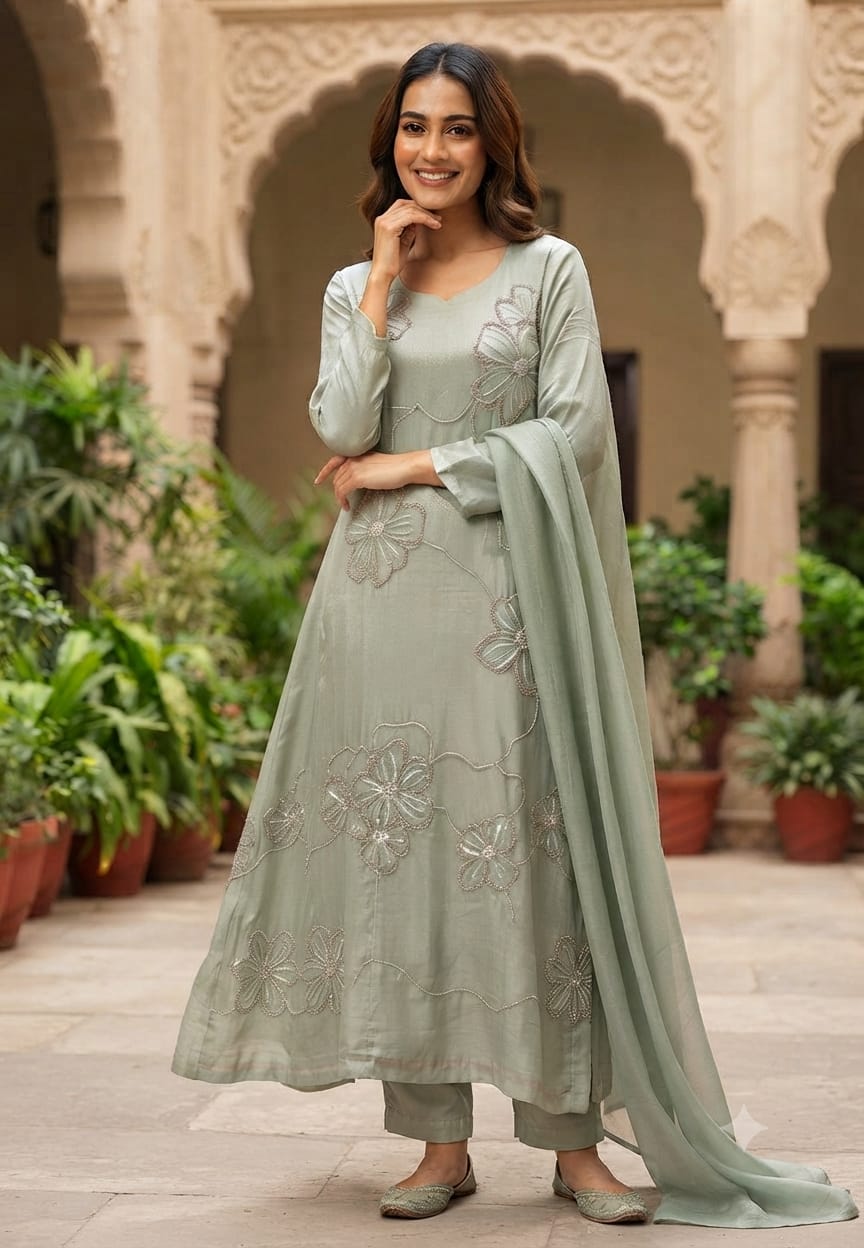 Pastel Fine Floral Cut-Dana Strings Embroidered Chinon A-Line Full Suit Set With Dupatta- 15954