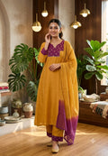 Scattered Foil Tasseled Assymetric Yoke Dual Tone A-Line Full Suit Set With Dupatta- 15992