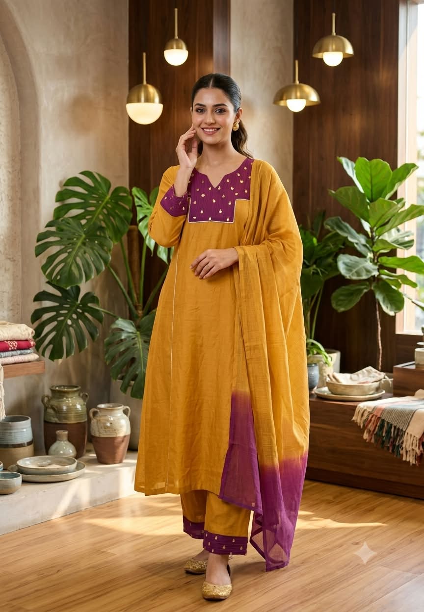 Scattered Foil Tasseled Assymetric Yoke Dual Tone A-Line Full Suit Set With Dupatta- 15992