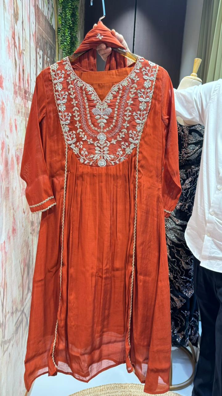 Heavy Zardosi Yoke Golden Panels A-Line Surat Mul-Chanderi Full Suit Set With Dupatta- 15845