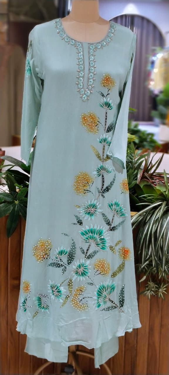 Elegant Digital Graceful Prints Pastel Shade Chinon A-Line Full Suit Set With Chiffon Dupatta- 16226