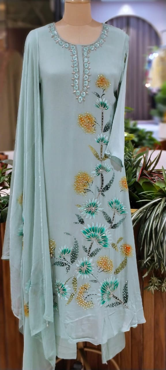 Elegant Digital Graceful Prints Pastel Shade Chinon A-Line Full Suit Set With Chiffon Dupatta- 16226