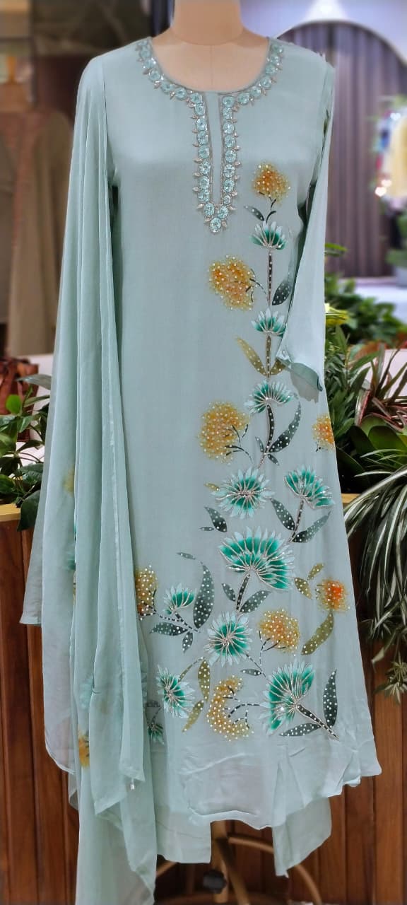 Elegant Digital Graceful Prints Pastel Shade Chinon A-Line Full Suit Set With Chiffon Dupatta- 16226