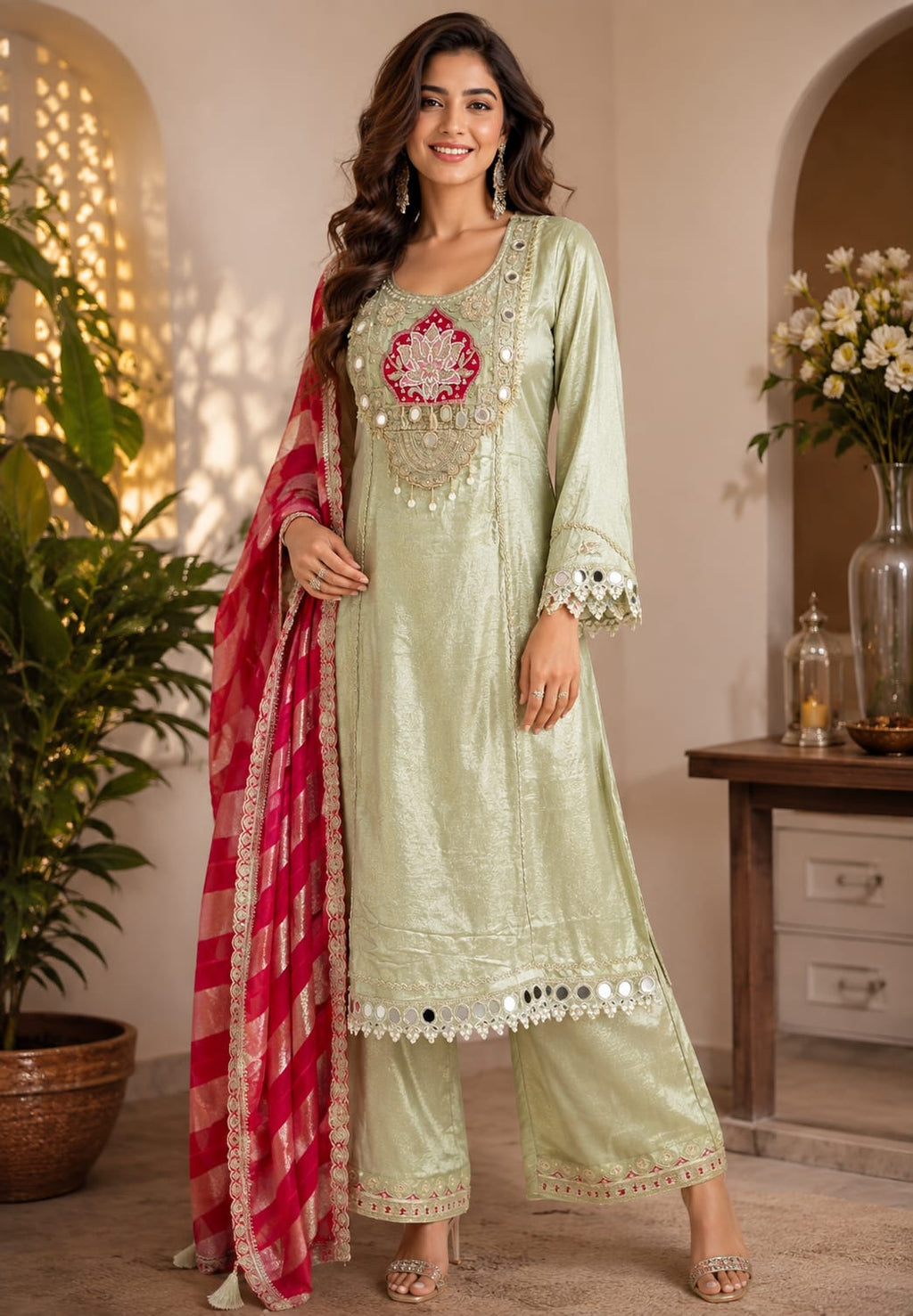 Lotus & Elephant Inspired Graceful Heavy Designer Work Shimmery Tissue A-Line Full Suit Set With Dupatta- 16232