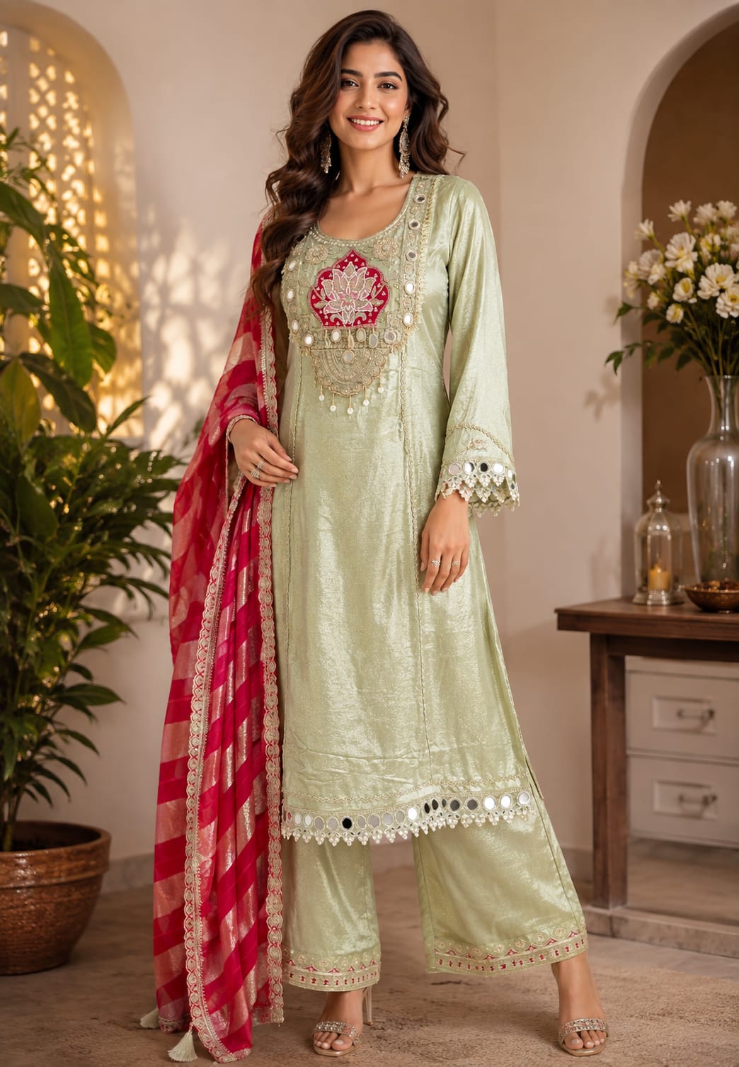 Lotus & Elephant Inspired Graceful Heavy Designer Work Shimmery Tissue A-Line Full Suit Set With Dupatta- 16232