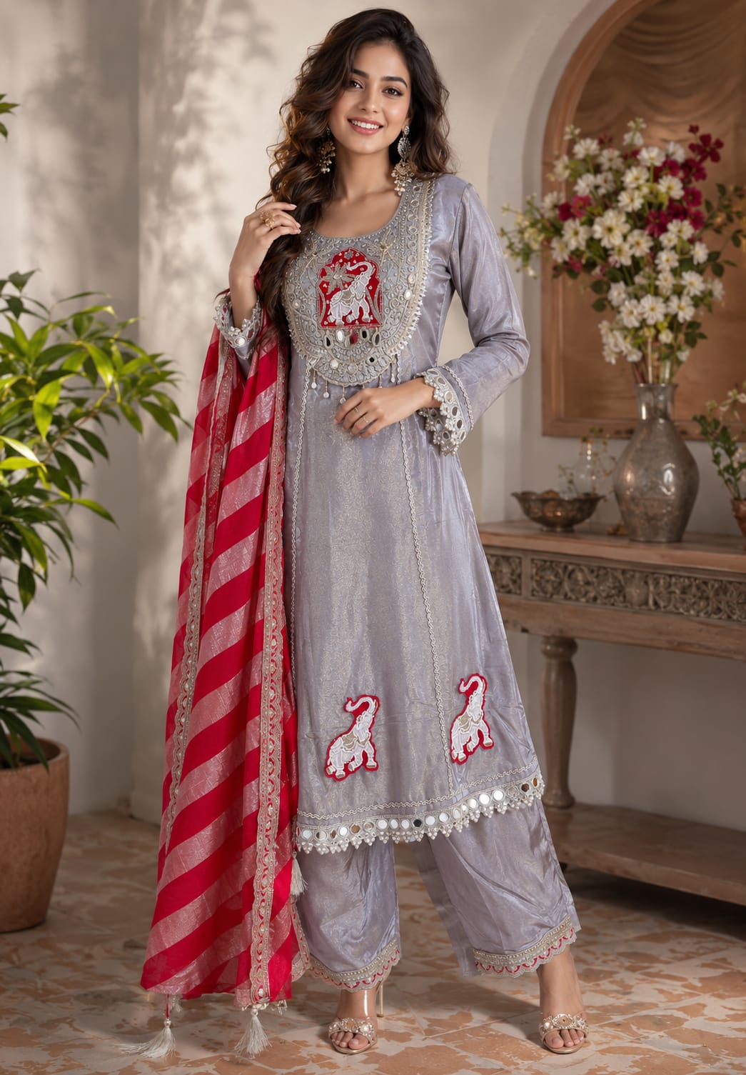 Lotus & Elephant Inspired Graceful Heavy Designer Work Shimmery Tissue A-Line Full Suit Set With Dupatta- 16232