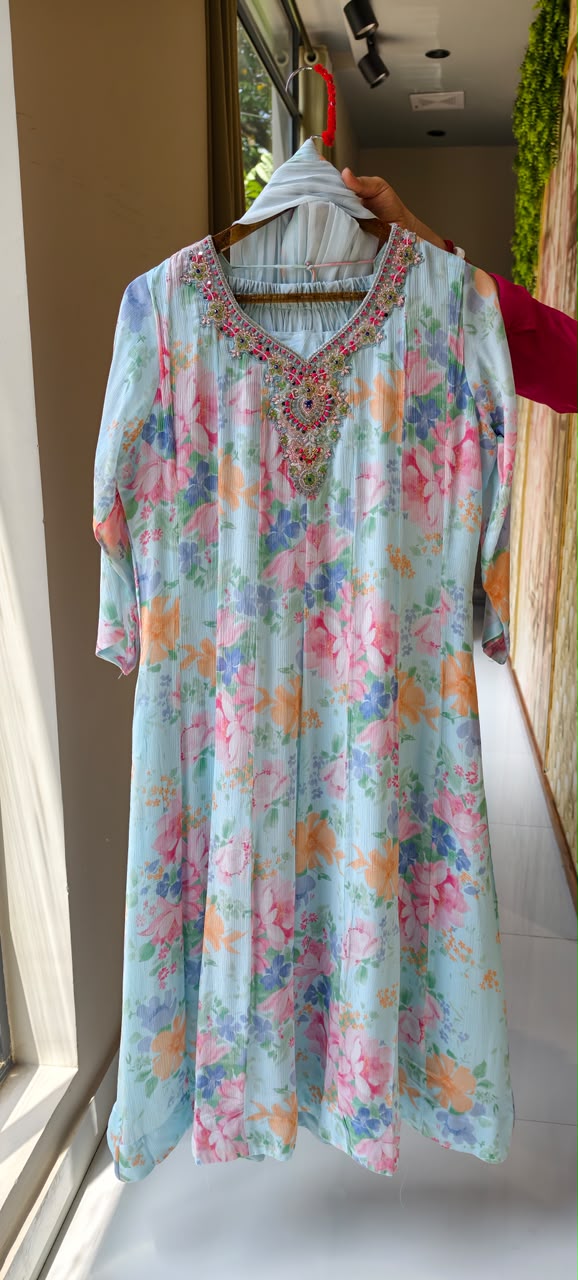 Spring Graceful Floral Printed Beautiful Neckline Panel Anarkali Full Suit Set With Dupatta In Chinon Fabric- 15960, 15962