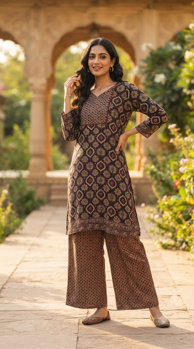 Black & Maroon Geometric Print Kurta with Matching Palazzo Pants Co-Ord Set- 15239