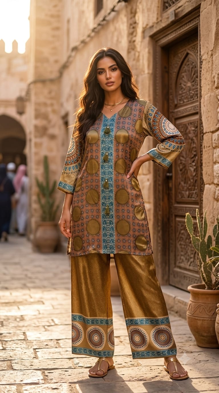 Rust Brown & Olive Polka Dot Printed Kurta Set with Tassel Accent & Coordinating Palazzo Co-Ord Set- 15239