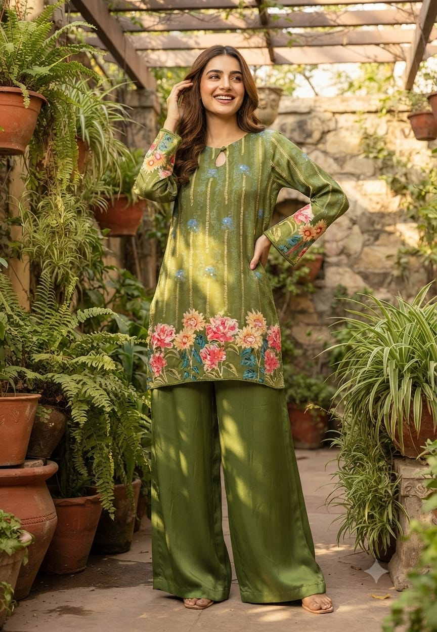 Bright Floral Embellished Kurta Set with Keyhole Neckline & Matching Wide-Leg Pants Co-Ord Set-