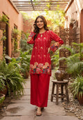 Bright Floral Embellished Kurta Set with Keyhole Neckline & Matching Wide-Leg Pants Co-Ord Set-