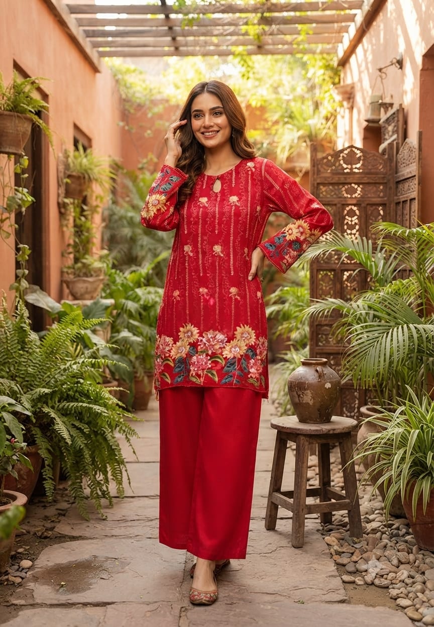Bright Floral Embellished Kurta Set with Keyhole Neckline & Matching Wide-Leg Pants Co-Ord Set-