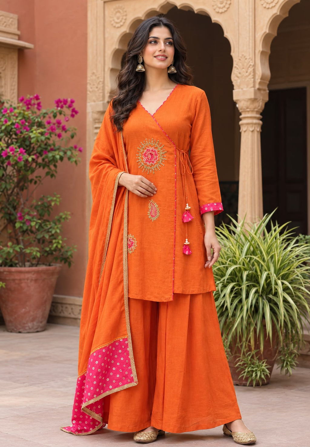 Sun Mango Buti Crafted Embroidery Angrakha Ghoomar Side Knotted A-Line Banarasi Mul-Chanderi Full Suit Set With Dupatta- 16071