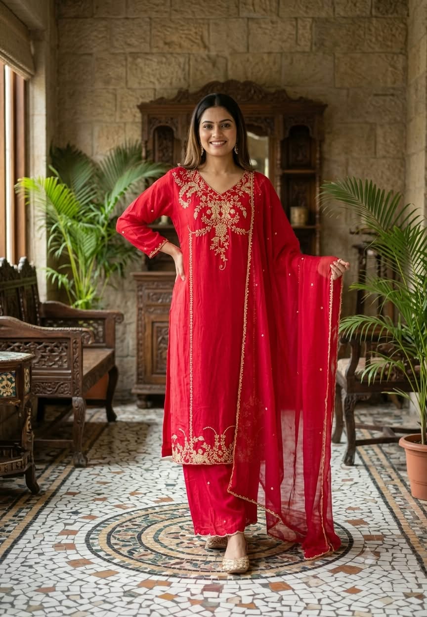 Premium Vibrant Floral Gold Zari Work Chinon Straight Full Suit Set with Palazzo and Matching Dupatta Set- 16312