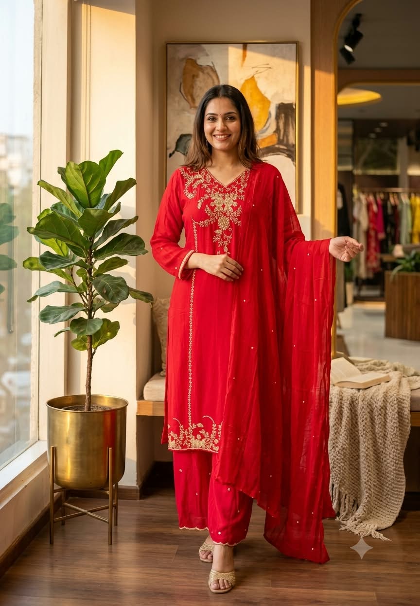 Premium Vibrant Floral Gold Zari Work Chinon Straight Full Suit Set with Palazzo and Matching Dupatta Set- 16312