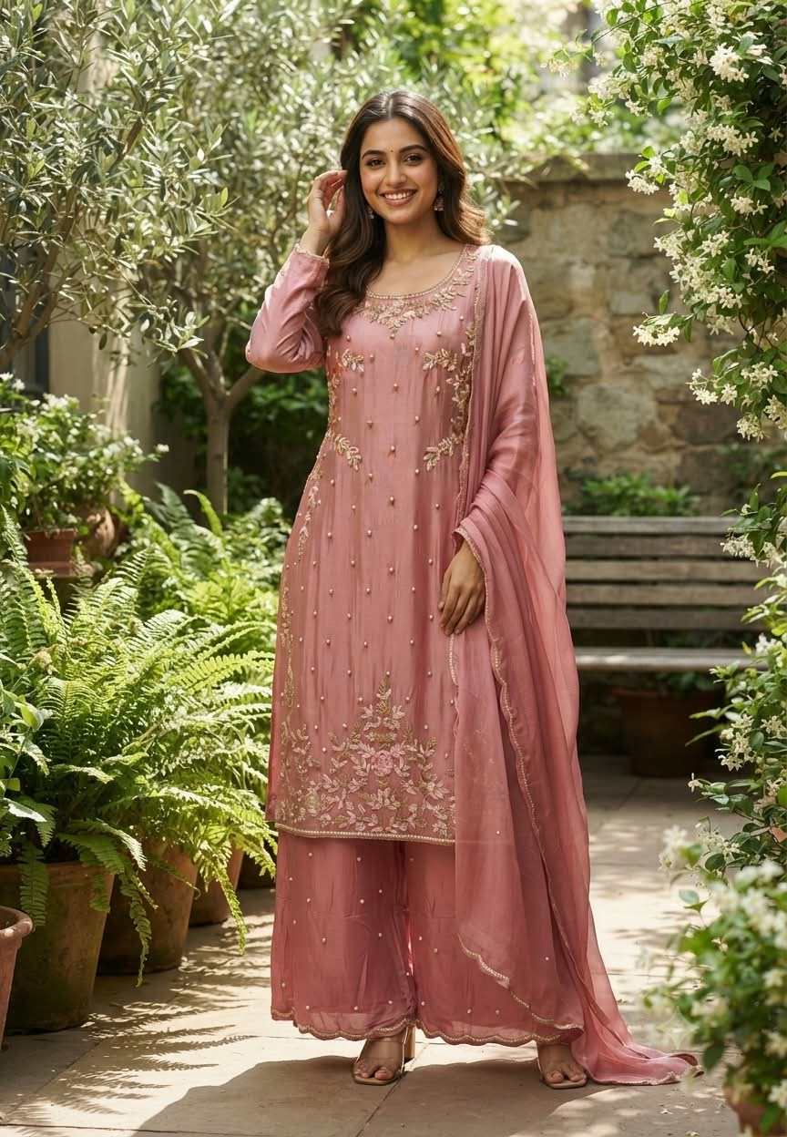 Elegant Blush Pearl & Zari Hand-Embroidered Chinon Straight Kurta Full Suit Set with Palazzo and Dupatta- 16329