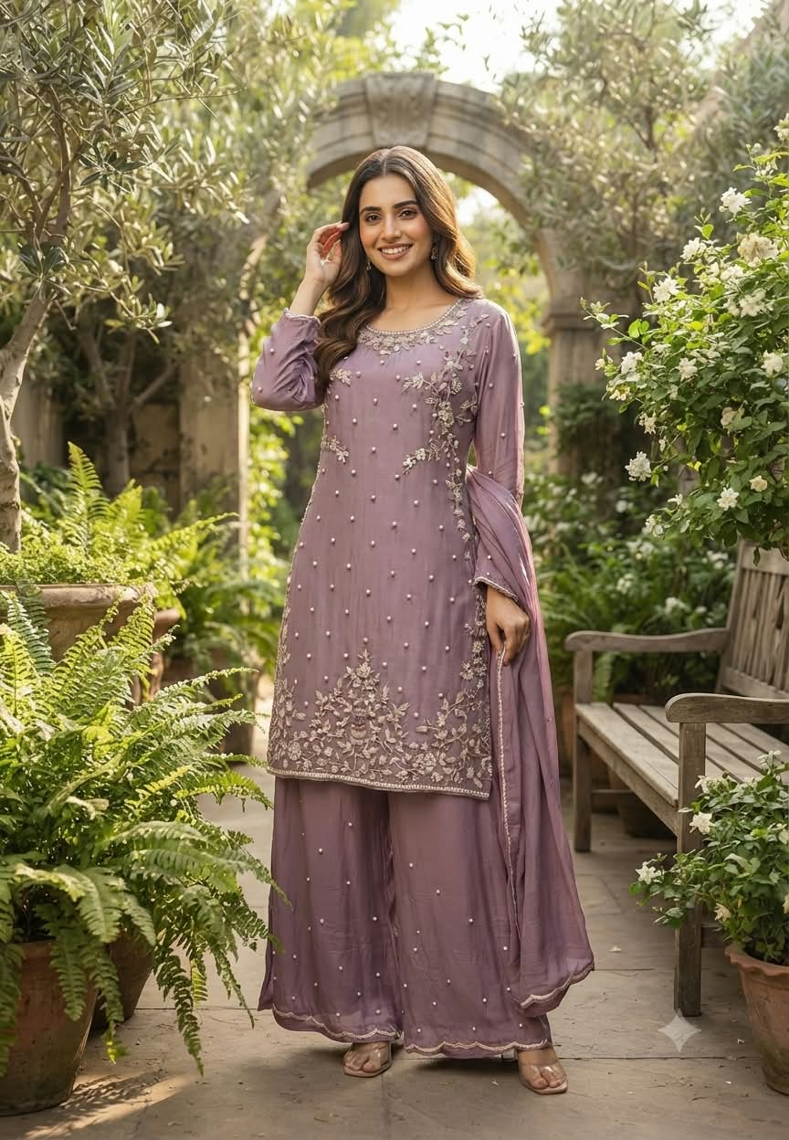 Elegant Blush Pearl & Zari Hand-Embroidered Chinon Straight Kurta Full Suit Set with Palazzo and Dupatta- 16329