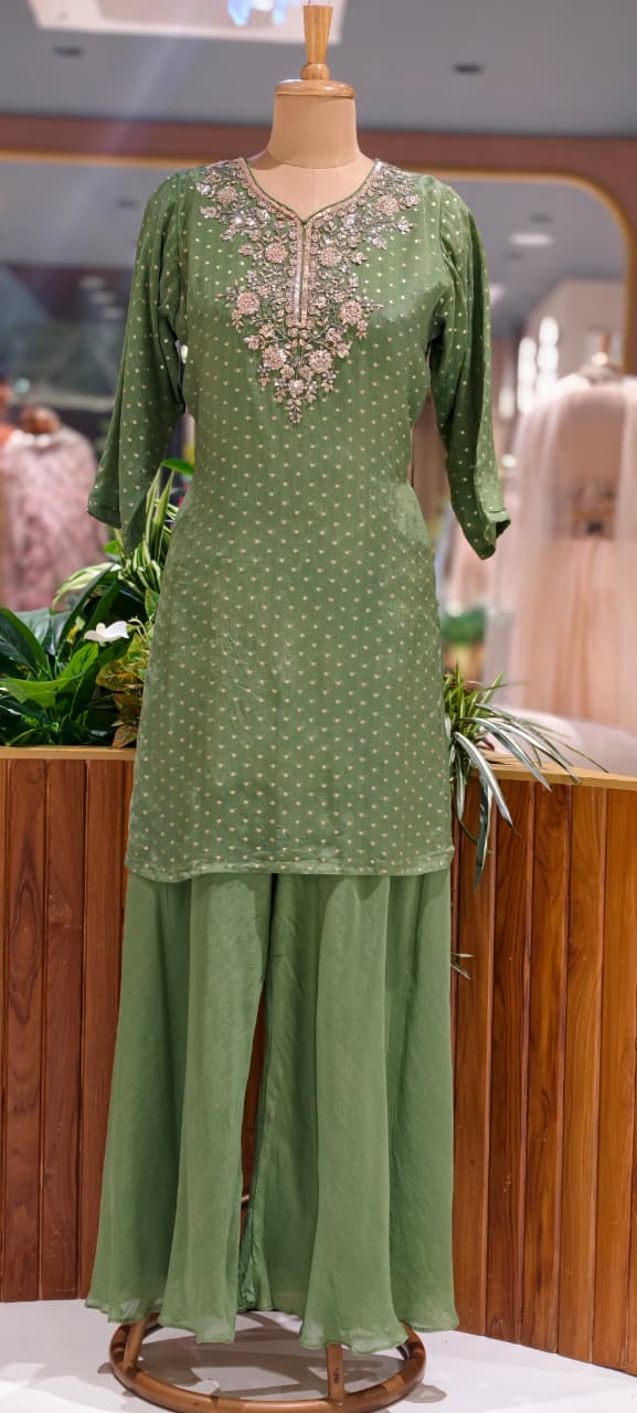 Graceful Green Brocade Touch Chinon Palazzo Full Suit Set With Dupatta With Neck Embroidery- 15603