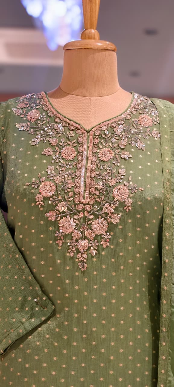 Graceful Green Brocade Touch Chinon Palazzo Full Suit Set With Dupatta With Neck Embroidery- 15603