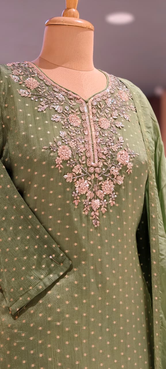 Graceful Green Brocade Touch Chinon Palazzo Full Suit Set With Dupatta With Neck Embroidery- 15603