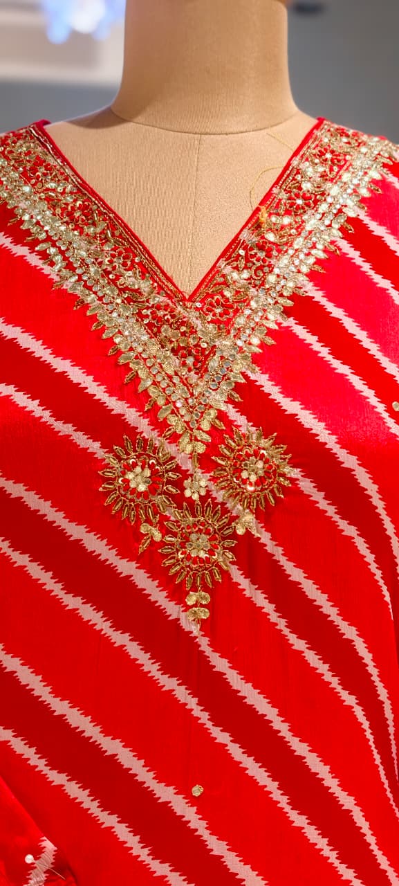 Leheriya Printed Chinon Full Suit Set With Dupatta with Intricate Gotta & Zari Embroidered V-Neckline- 15770