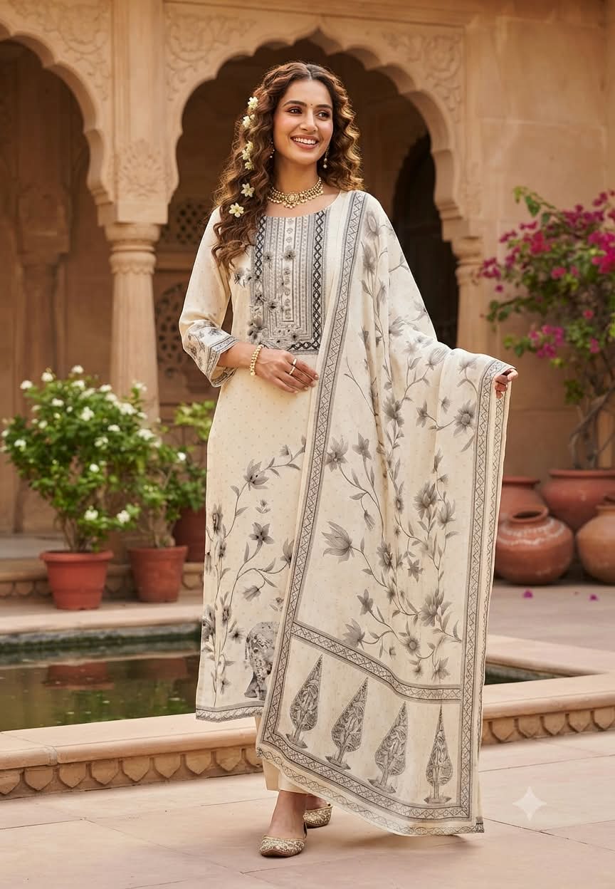 Subtle Placement Print With Cut-Dana Work Beautiful Crepe Full Suit Set With Dupatta- 16321