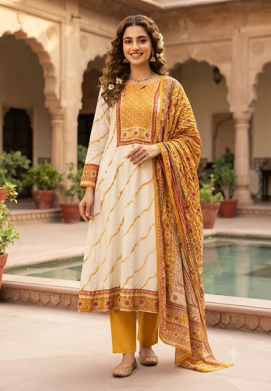 Tie-Die Mustard Leheriya Elegance Beautiful Yoke Crepe Full Suit Set With Dupatta- 15275