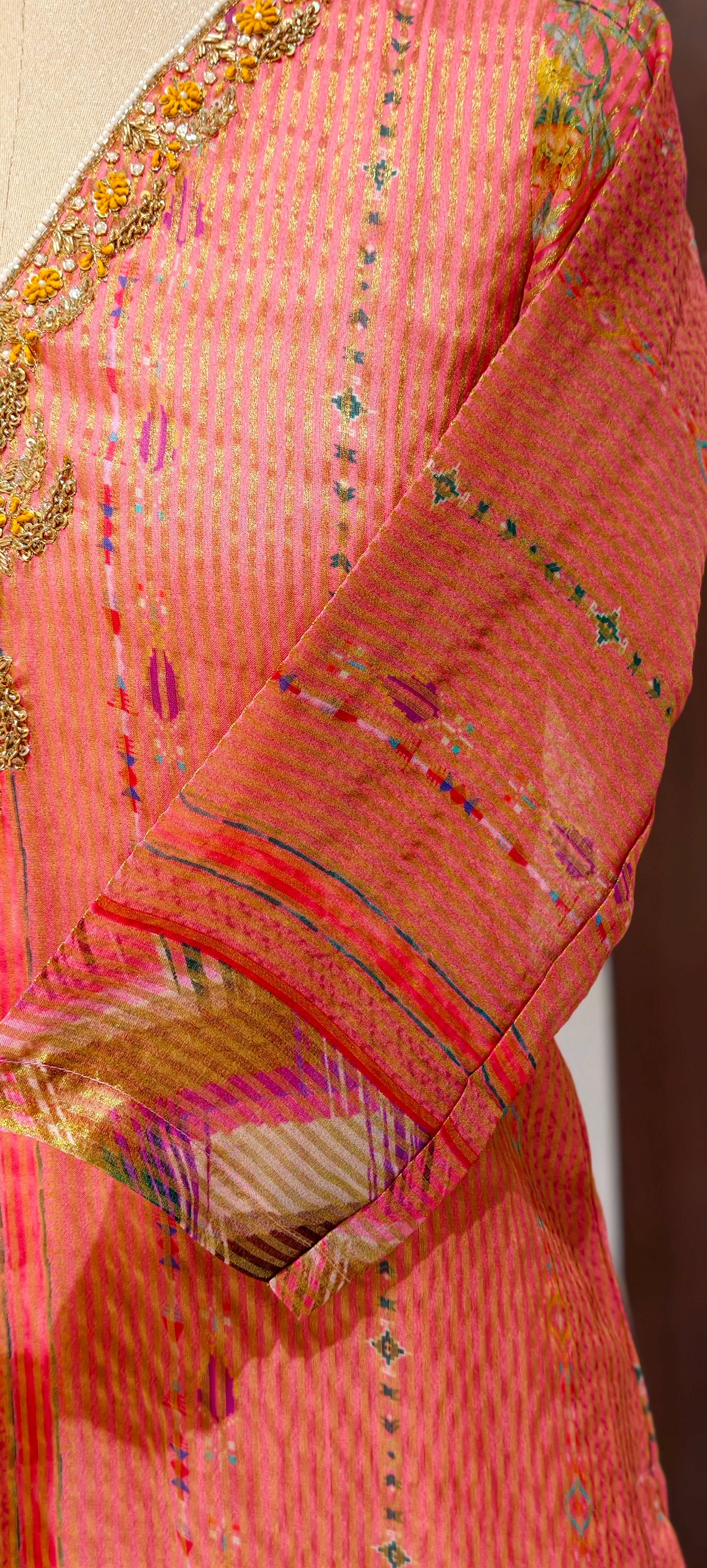 Tissue Elegance Golden Classic Striped Full Suit Set With Dupatta & Embellished Neckline LEAN FIT(ADVISIBLE NEXT SIZE)