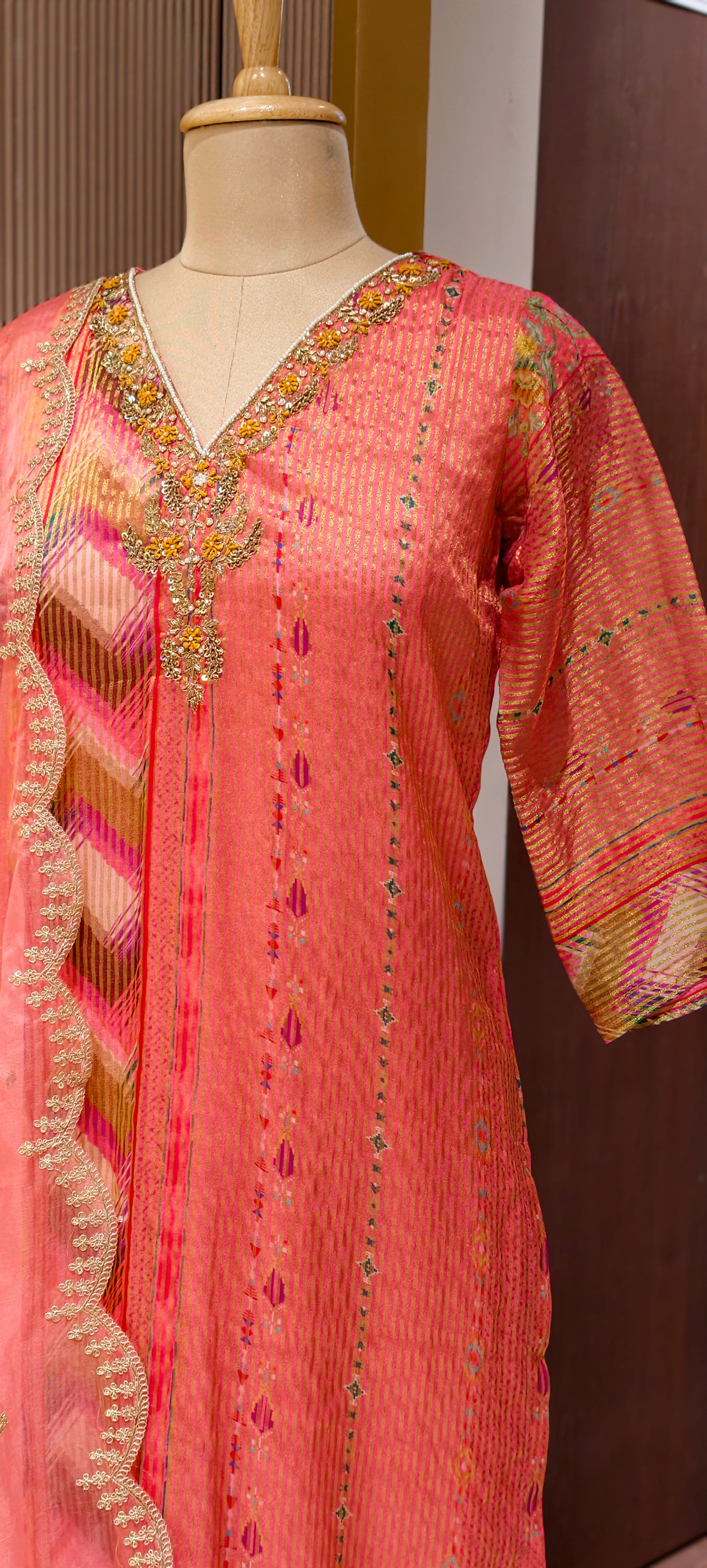 Tissue Elegance Golden Classic Striped Full Suit Set With Dupatta & Embellished Neckline LEAN FIT(ADVISIBLE NEXT SIZE)