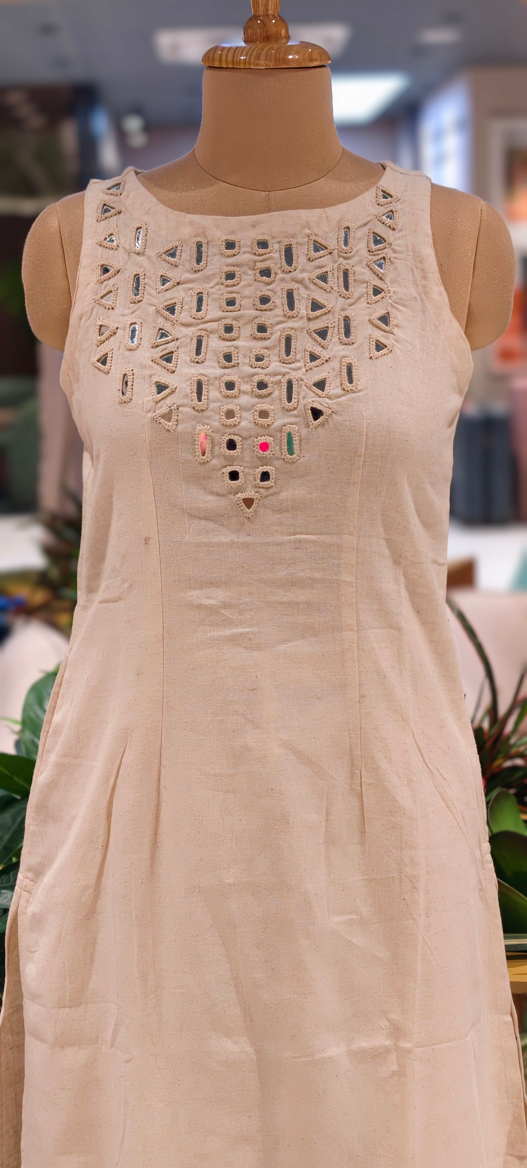 Elegant Handloom Cotton Sleeveless Kurta Set with Mirror Cutwork Neck With Loose Pants-14187 W78