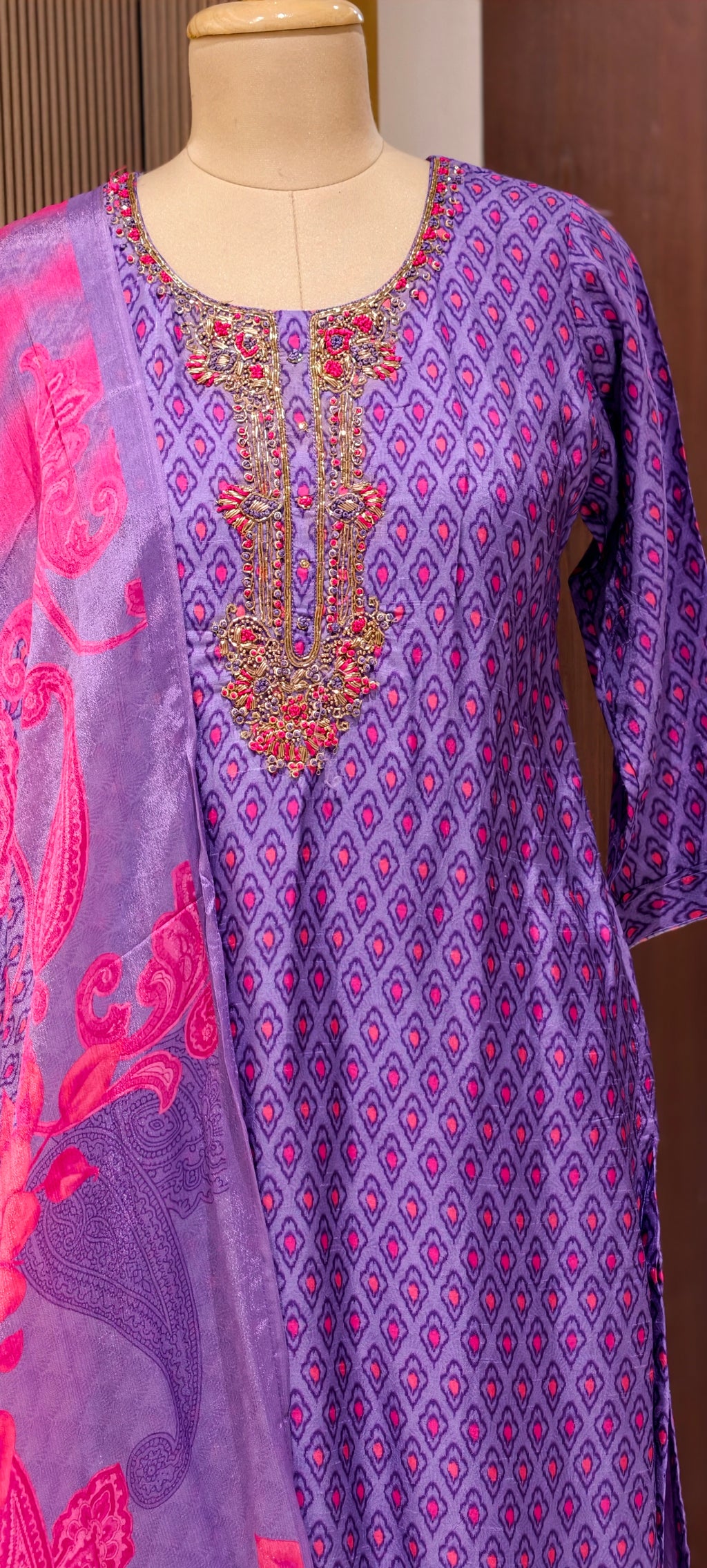 Detailed Floral Yoke Embroidery Lavender Purple Geometric Print Russian Silk Full Suit Set LEAN FIT(ADVISIBLE NEXT SIZE)