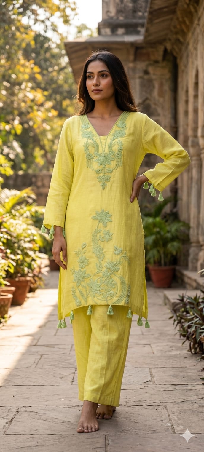 Premium Pure Mulchanderi Thread Embroidery Elegant High Low Tassel Accent Kurta Pant Set- 14404 W153