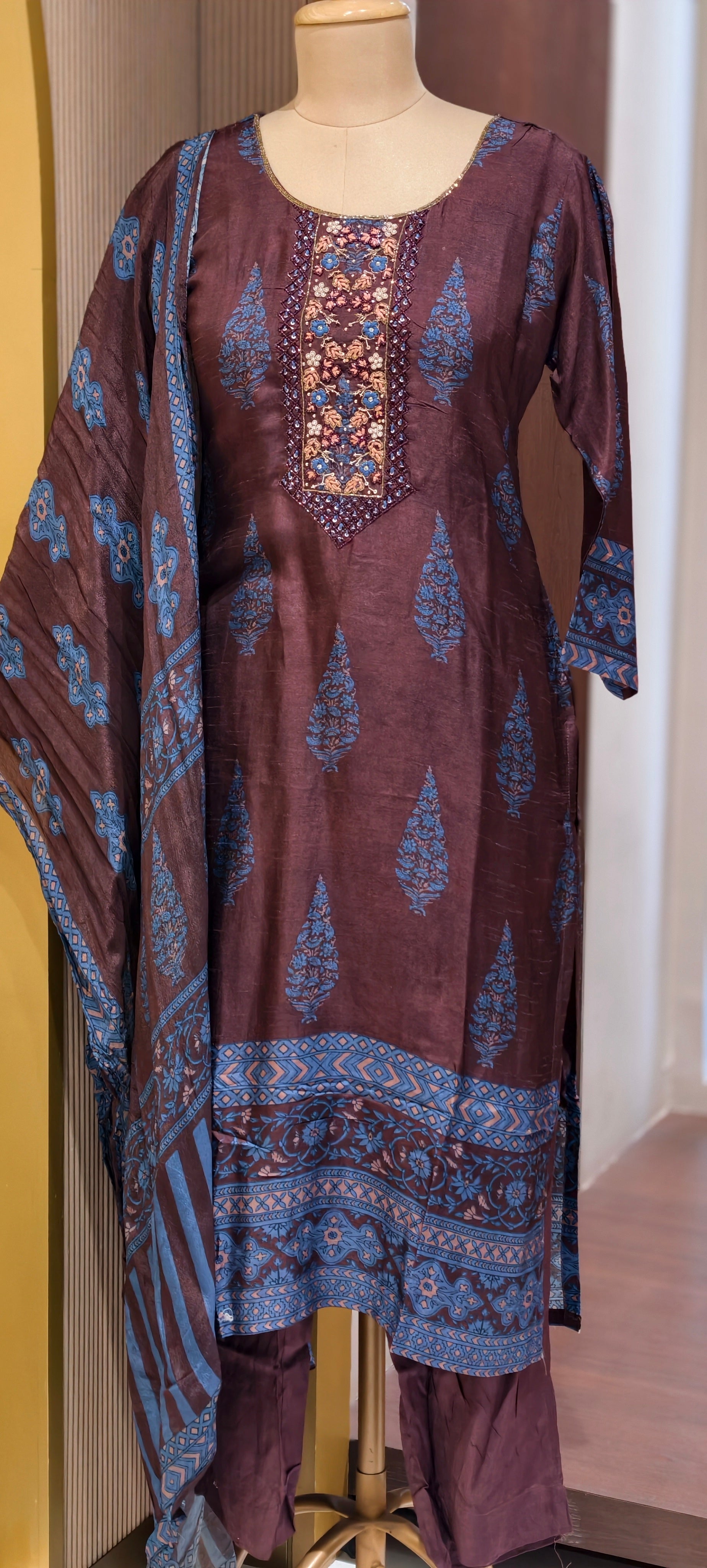 Chocolate Brown Paisley Motif Russian Silk Full Suit Set With Dupatta Heavily Embroidered LEAN FIT(ADVISIBLE NEXT SIZE)