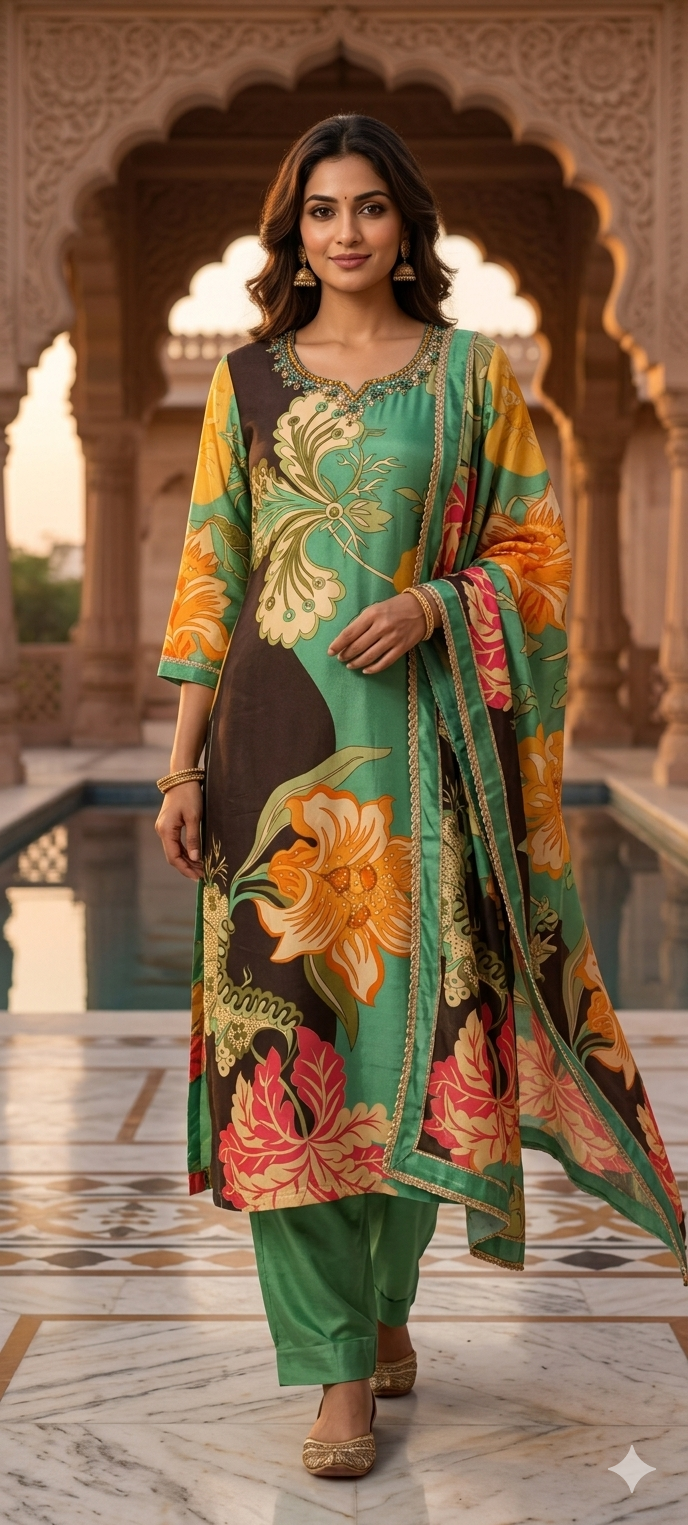 Green & Charcoal Dual-Tone Floral Abstract Print Kurta Set with Hand-Embellished Border-LEAN FIT(ADVISIBLE NEXT SIZE)