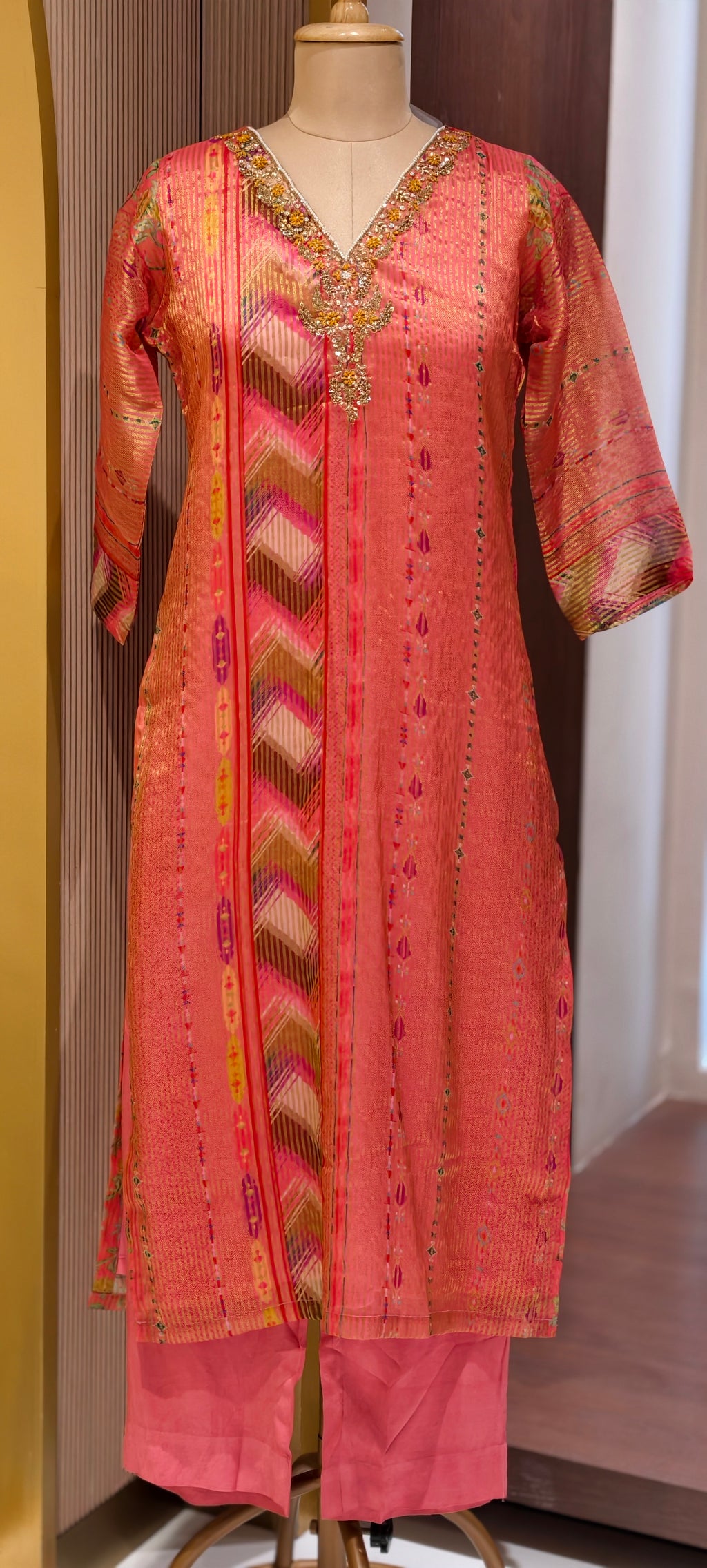 Tissue Elegance Golden Classic Striped Full Suit Set With Dupatta & Embellished Neckline LEAN FIT(ADVISIBLE NEXT SIZE)