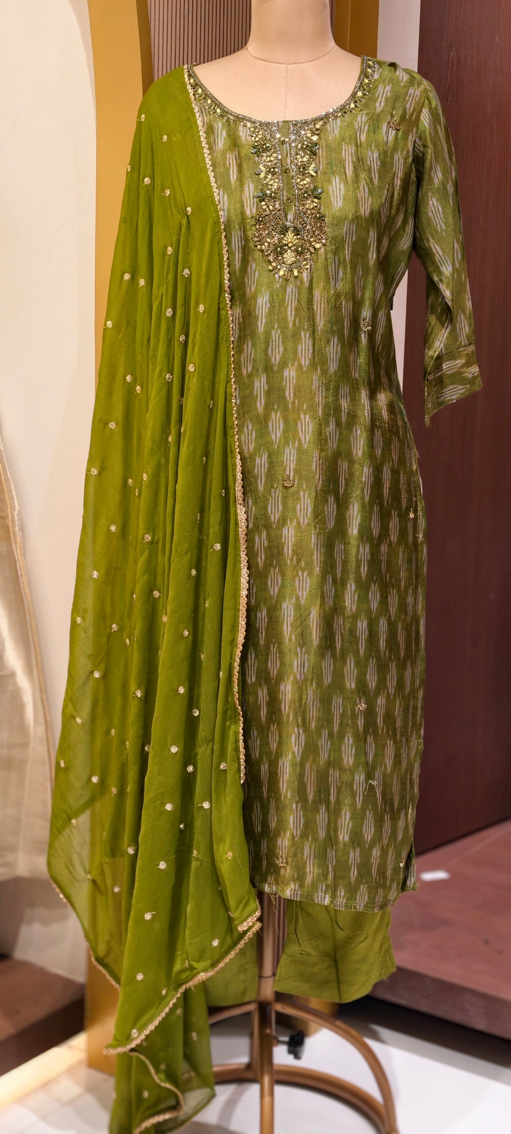 Moss Green Textured Ikat Pattern Full Suit Set with Zardosi Embroidered Neck LEAN FIT(ADVISIBLE NEXT SIZE)