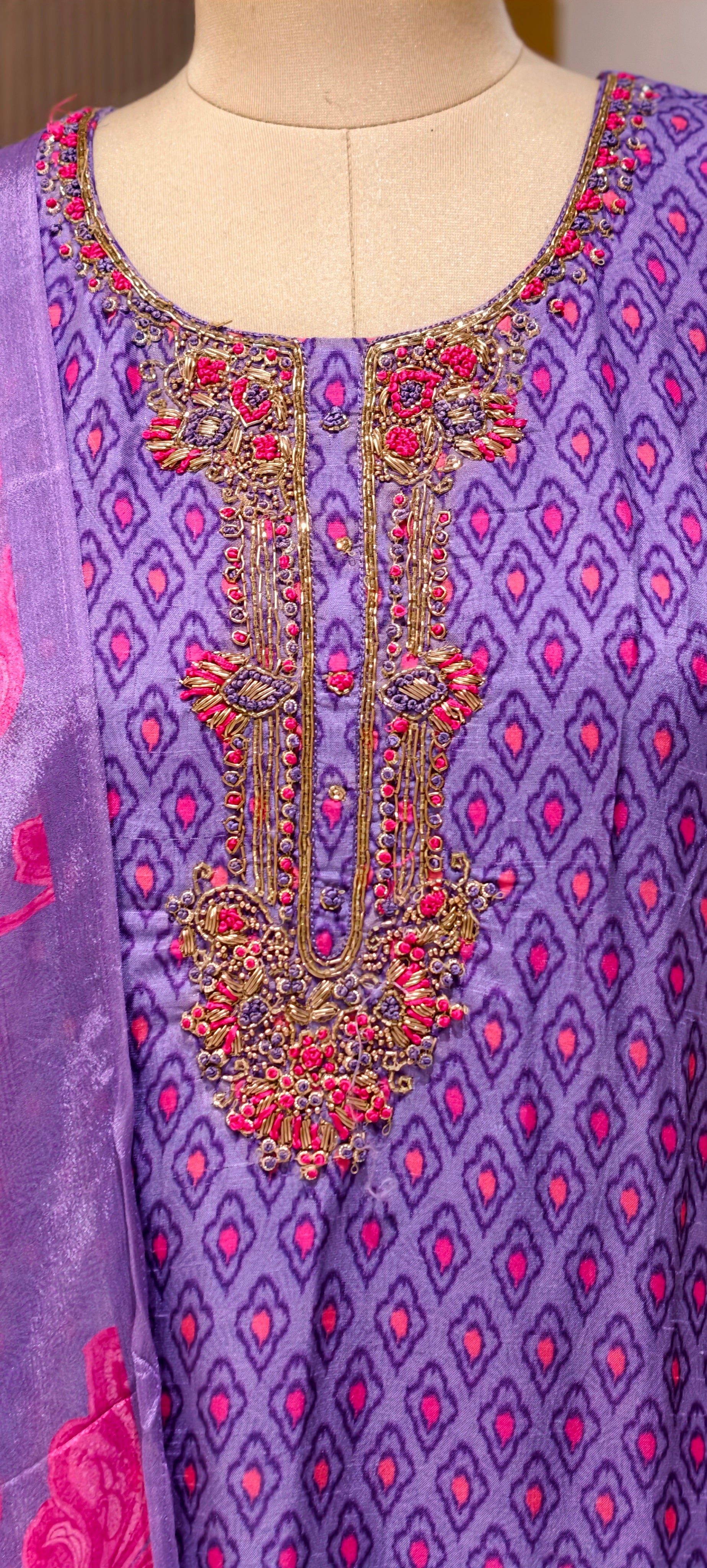 Detailed Floral Yoke Embroidery Lavender Purple Geometric Print Russian Silk Full Suit Set LEAN FIT(ADVISIBLE NEXT SIZE)