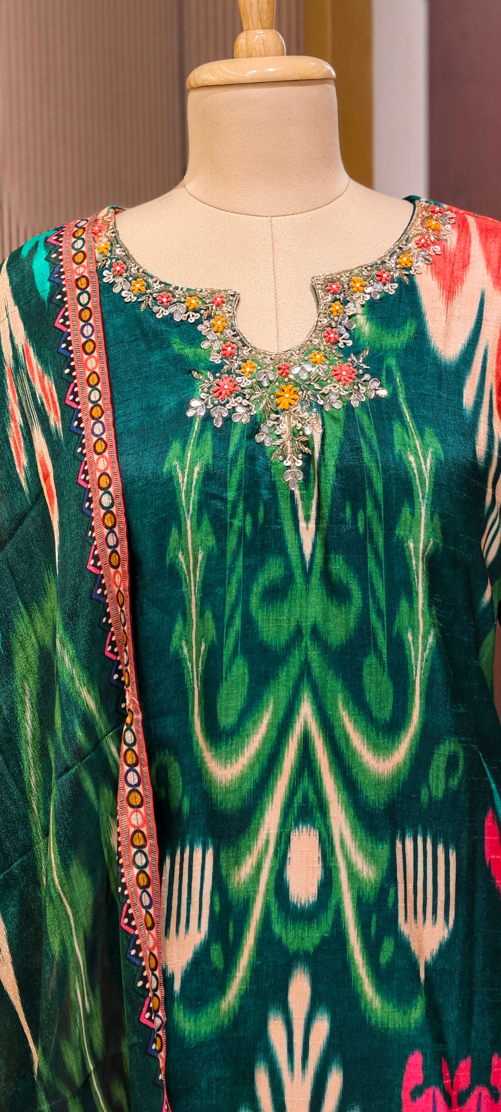 Ornate Crystal & Bead Work Midnight Emerald Royal Ikat Print Full Suit Set with Dupatta-LEAN FIT(ADVISIBLE NEXT SIZE)