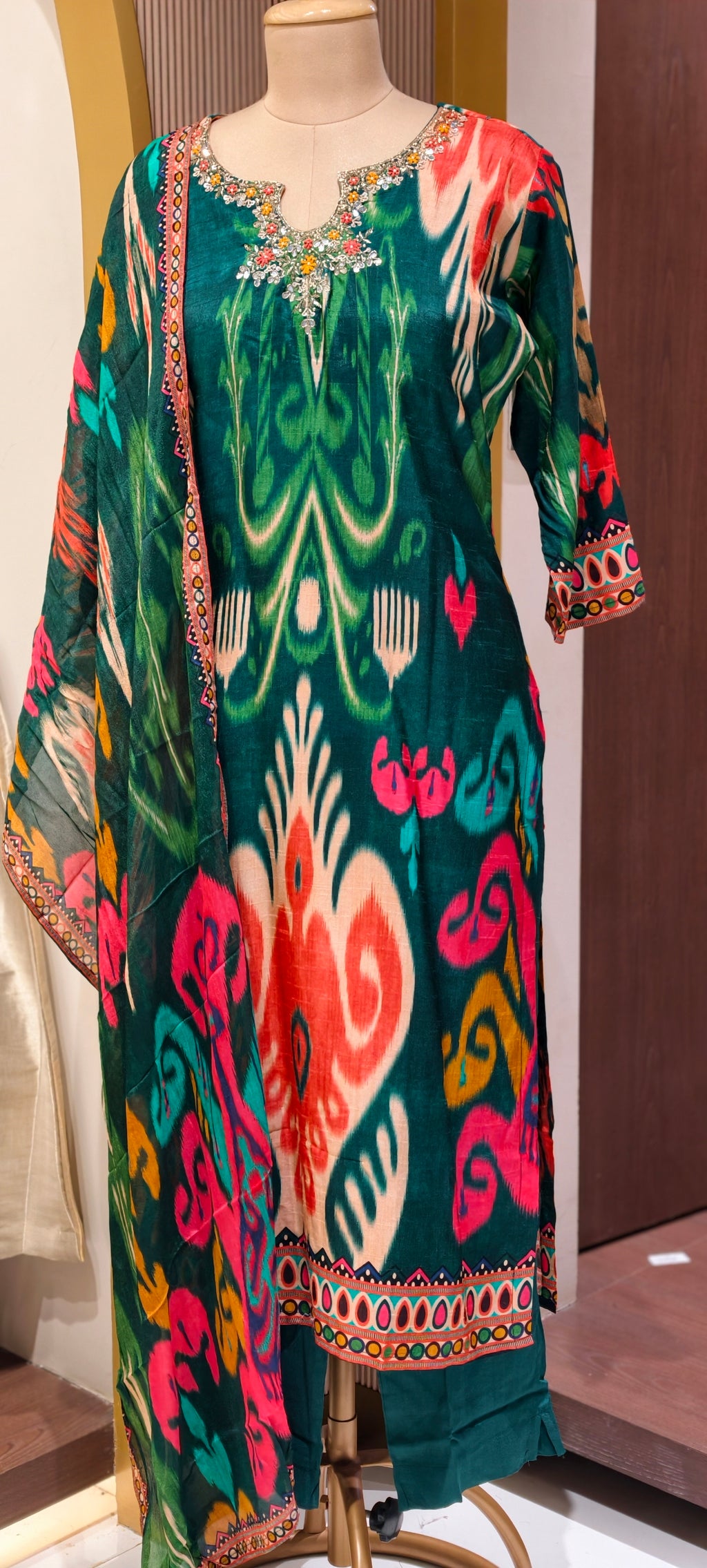 Ornate Crystal & Bead Work Midnight Emerald Royal Ikat Print Full Suit Set with Dupatta-LEAN FIT(ADVISIBLE NEXT SIZE)