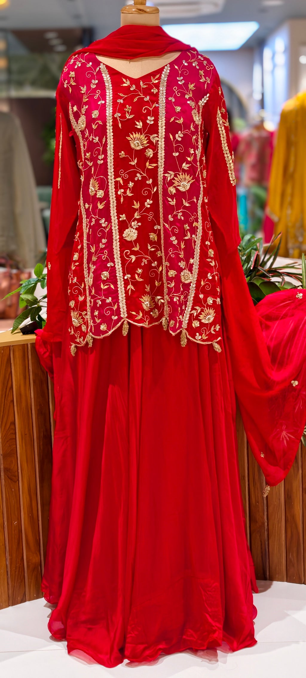Heavy Gota Patti Embroidered Dual Tone Panel Short Kurti Set with Flared Skirt Bottom and Dupatta- 16132